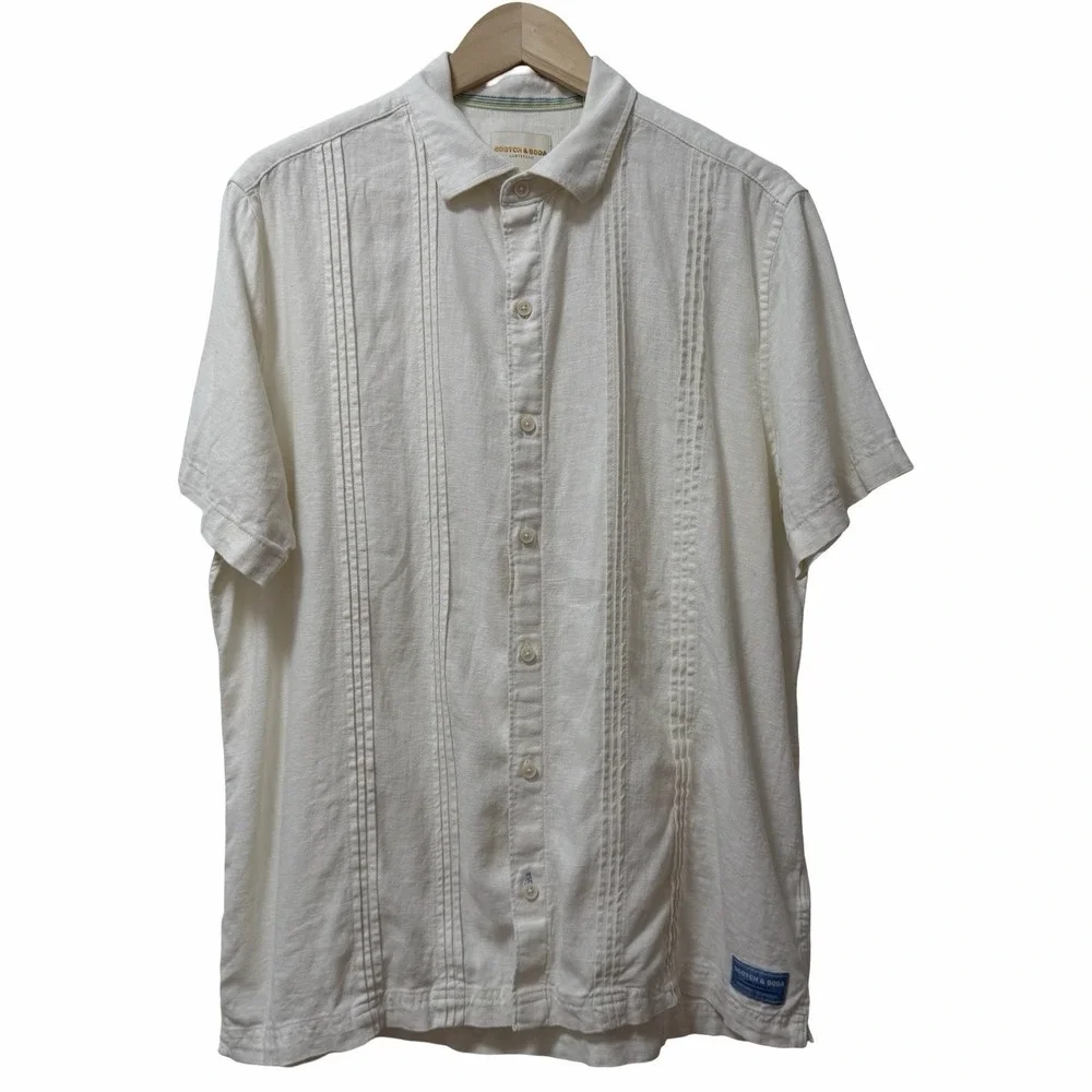 Scotch & Soda Mens Linen Blend Short Sleeve Button Up Shirt Size L White Coastal